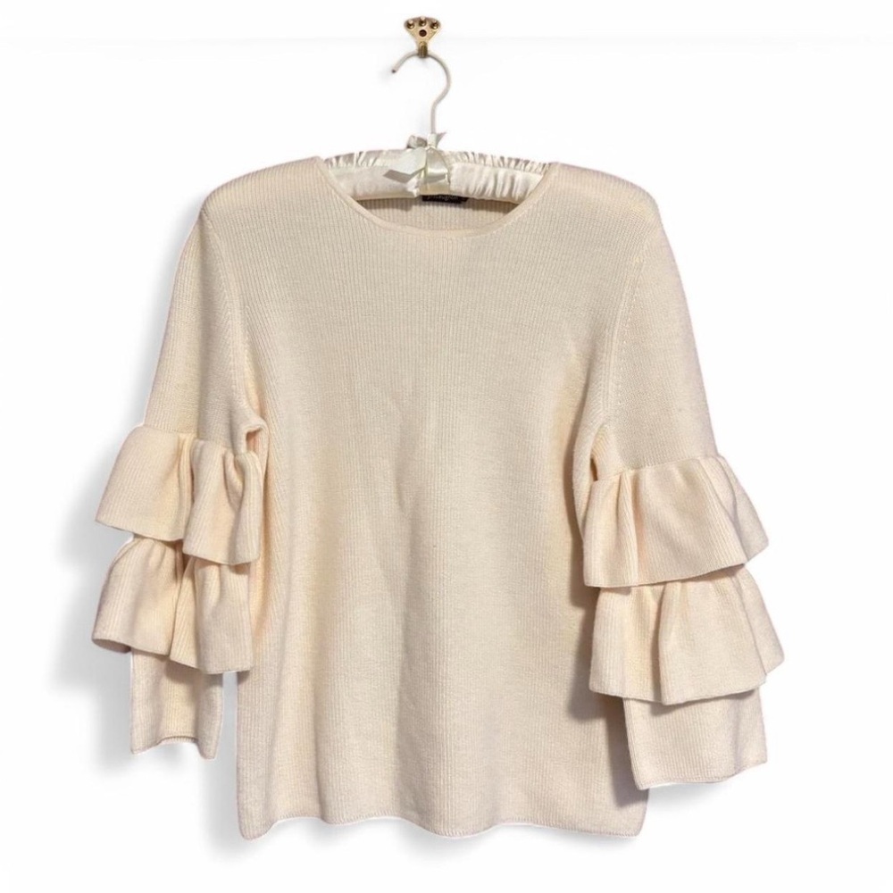 J. McLaughlin Merino Wool Sweater S Cream Ruffle Sleeve Layered Bell Cuff